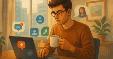 Illustration of digital nomad with coffee in a urban apartment interior setting, with a focused mood.