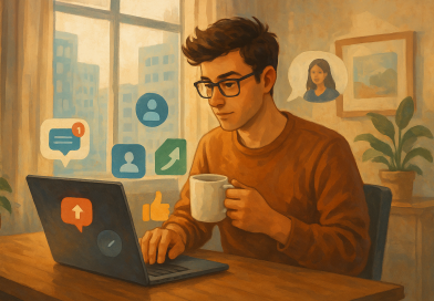 Illustration of digital nomad with coffee in a urban apartment interior setting, with a focused mood.