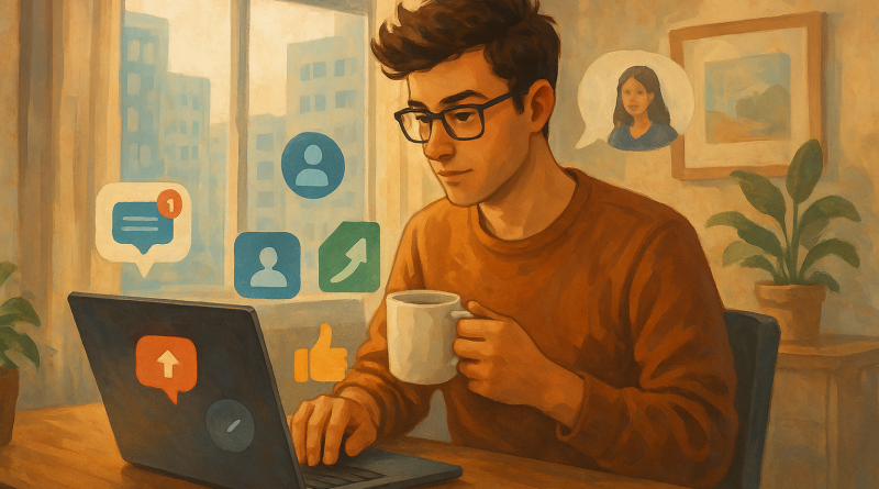 Illustration of digital nomad with coffee in a urban apartment interior setting, with a focused mood.