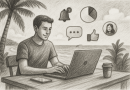 Illustration of freelancer working on laptop in a beachside workspace setting, with a creative mood.