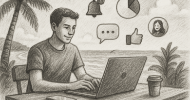 Illustration of freelancer working on laptop in a beachside workspace setting, with a creative mood.