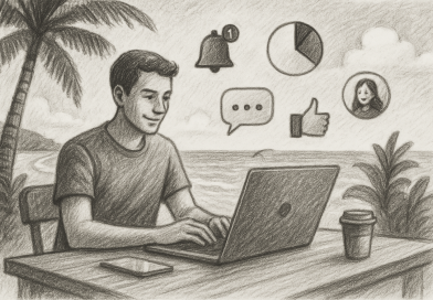 Illustration of freelancer working on laptop in a beachside workspace setting, with a creative mood.