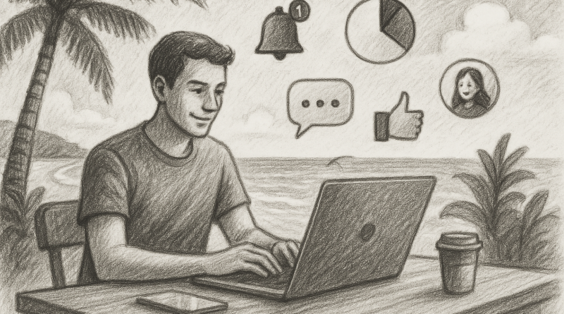 Illustration of freelancer working on laptop in a beachside workspace setting, with a creative mood.