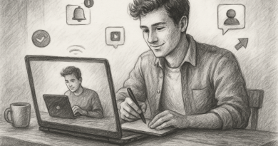 Illustration of young entrepreneur on tablet in a laptop on rustic table setting, with a relaxed mood.