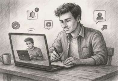 Illustration of young entrepreneur on tablet in a laptop on rustic table setting, with a relaxed mood.