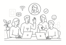 Illustration of team collaborating remotely in a tech startup office setting, with a happy mood.