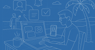 Illustration of freelancer using productivity tools in a beachside workspace setting, with a focused mood.