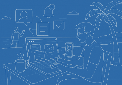 Illustration of freelancer using productivity tools in a beachside workspace setting, with a focused mood.