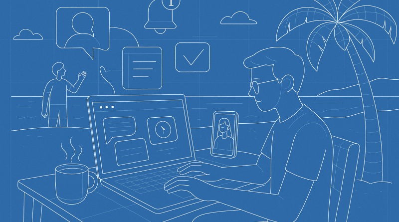 Illustration of freelancer using productivity tools in a beachside workspace setting, with a focused mood.