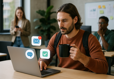 Illustration of digital nomad with coffee in a tech startup office setting, with a focused mood.