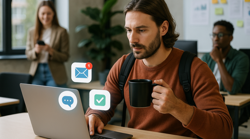 Illustration of digital nomad with coffee in a tech startup office setting, with a focused mood.