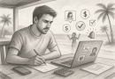 Illustration of startup founder brainstorming in a beachside workspace setting, with a focused mood.