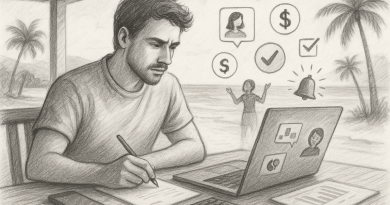 Illustration of startup founder brainstorming in a beachside workspace setting, with a focused mood.
