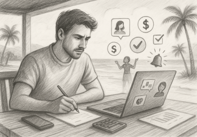 Illustration of startup founder brainstorming in a beachside workspace setting, with a focused mood.