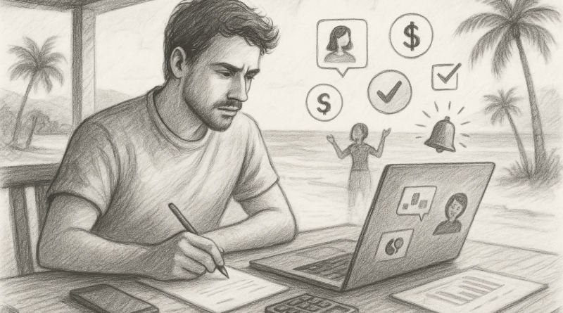 Illustration of startup founder brainstorming in a beachside workspace setting, with a focused mood.
