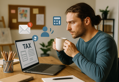 Illustration of digital nomad with coffee in a creative studio environment setting, with a determined mood.