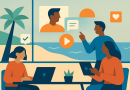 Illustration of team collaborating remotely in a beachside workspace setting, with a creative mood.