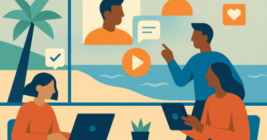Illustration of team collaborating remotely in a beachside workspace setting, with a creative mood.