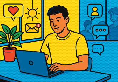 Illustration of freelancer using productivity tools in a sunlit digital nomad workspace setting, with a relaxed mood.