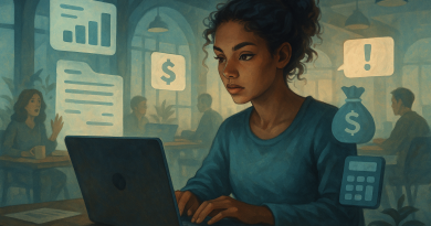 Illustration of freelancer working on laptop in a shared creative hub setting, with a determined mood.