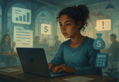 Illustration of freelancer working on laptop in a shared creative hub setting, with a determined mood.