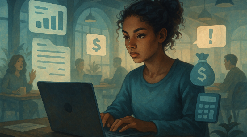 Illustration of freelancer working on laptop in a shared creative hub setting, with a determined mood.