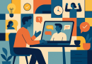 Illustration of remote worker on video call in a shared creative hub setting, with a relaxed mood.