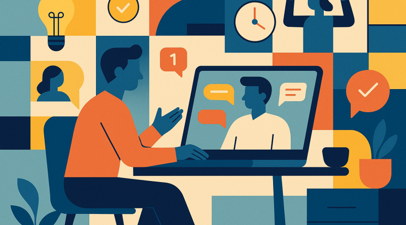 Illustration of remote worker on video call in a shared creative hub setting, with a relaxed mood.