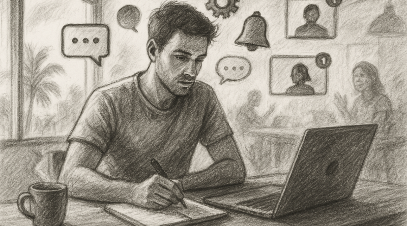 Illustration of startup founder brainstorming in a sunlit digital nomad workspace setting, with a determined mood.