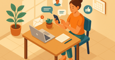 Illustration of gig worker checking phone in a sunlit digital nomad workspace setting, with a relaxed mood.