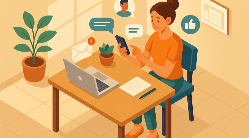Illustration of gig worker checking phone in a sunlit digital nomad workspace setting, with a relaxed mood.