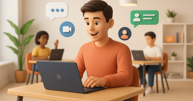 Illustration of freelancer working on laptop in a modern coworking space setting, with a inspired mood.