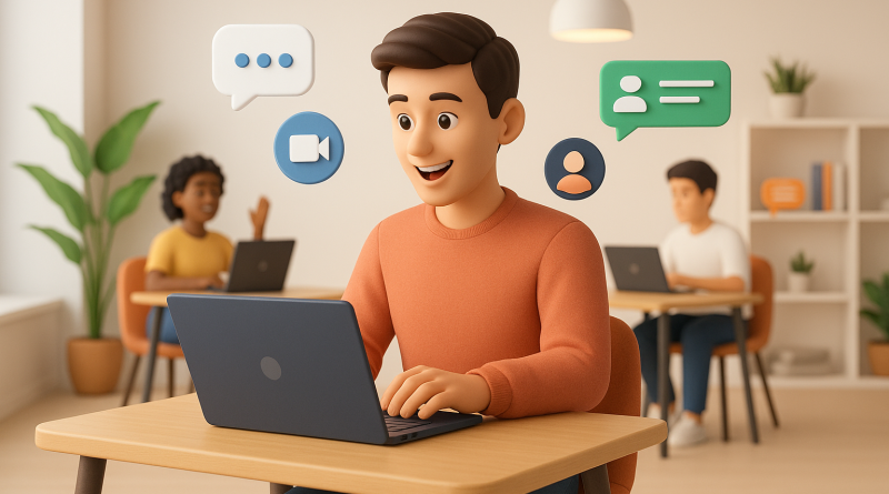 Illustration of freelancer working on laptop in a modern coworking space setting, with a inspired mood.