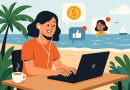 Illustration of freelancer working on laptop in a beachside workspace setting, with a happy mood.