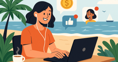 Illustration of freelancer working on laptop in a beachside workspace setting, with a happy mood.