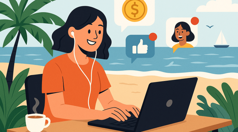 Illustration of freelancer working on laptop in a beachside workspace setting, with a happy mood.