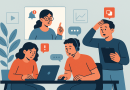 Illustration of team collaborating remotely in a creative studio environment setting, with a focused mood.