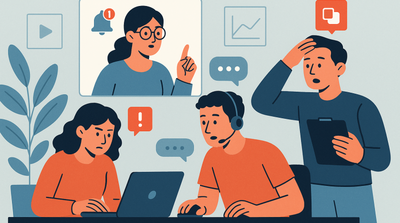 Illustration of team collaborating remotely in a creative studio environment setting, with a focused mood.