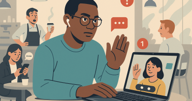 Illustration of remote worker on video call in a busy coffee shop setting setting, with a determined mood.