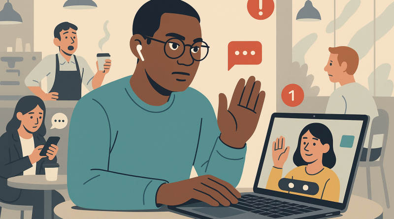 Illustration of remote worker on video call in a busy coffee shop setting setting, with a determined mood.