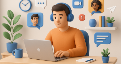 Illustration of freelancer working on laptop in a home office setup setting, with a focused mood.