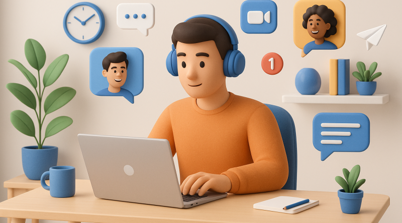 Illustration of freelancer working on laptop in a home office setup setting, with a focused mood.