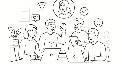 Illustration of team collaborating remotely in a tech startup office setting, with a happy mood.