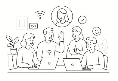 Illustration of team collaborating remotely in a tech startup office setting, with a happy mood.