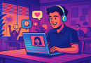 Illustration of remote worker on video call in a shared creative hub setting, with a happy mood.