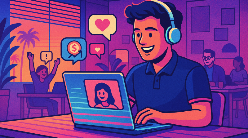 Illustration of remote worker on video call in a shared creative hub setting, with a happy mood.