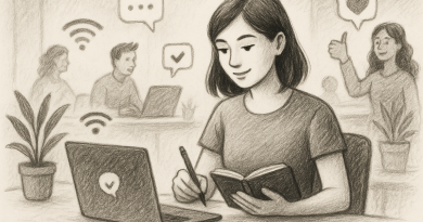 Illustration of freelance writer with notebook in a shared creative hub setting, with a creative mood.