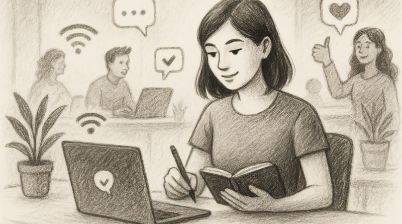 Illustration of freelance writer with notebook in a shared creative hub setting, with a creative mood.