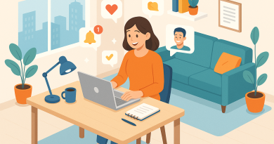 Illustration of freelance writer with notebook in a urban apartment interior setting, with a happy mood.