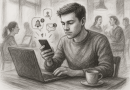 Illustration of gig worker checking phone in a busy coffee shop setting setting, with a focused mood.